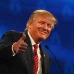 BOULDER, CO - OCTOBER 28: Presidential candidate Donald Trump gives a thumbs up during the CNBC Republican Presidential Debate at University of Colorados Coors Events Center October 28, 2015 in Boulder, Colorado. Fourteen Republican presidential candidates are participating in the third set of Republican presidential debates. (Photo by Justin Sullivan/Getty Images)