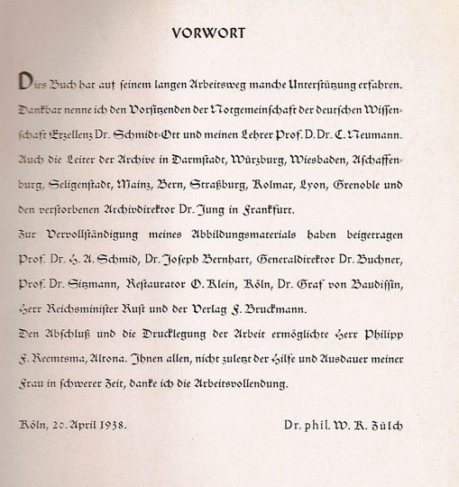 Fig. 9. Acknowledgements page in Walter Karl Zülch’s Der historische Grünewald: Mathis Gothardt-Neithardt (Munich: F. Bruckmann, 1938).