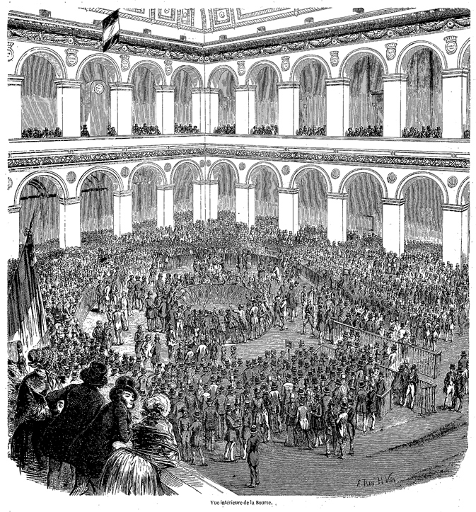 Fig. 9. Interior View of the Paris Bourse (Vue intérieure de la Bourse), 1853. Illustration from Edmond Texier, Tableau de Paris, vol. 2 (Paris: Paulin et Le Chevalier, 1853), 158