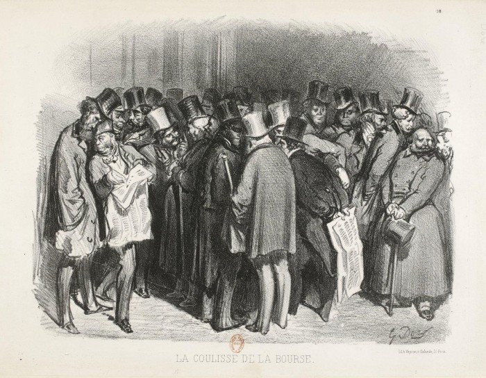 Fig. 14. Gustave Doré, La Coulisse de la Bourse, 1854. Lithograph, 10 1/4 × 13 1/2 in. (26 × 34 cm). Bibliothèque nationale de France, Paris