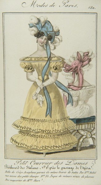 Fig. 2. Petit courrier des dames, 1828, no. 530, “Modes de Paris,” hand-colored ngraving on wove paper, 22 cm. (H). (Sterling and Francine Clark Art Institute Library, Williamstown, Mass.). 
