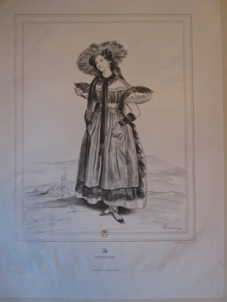 Fig. 23. Achille Devéria, Alphabet varié, choix de costumes dessinés d’après nature, “B, Viennoise,” Paris, Adolphe Fonrouge, 1831, lithograph in black on wove paper, 43.4 x 32.8 cm (Bibliothèque nationale de France, Paris). 